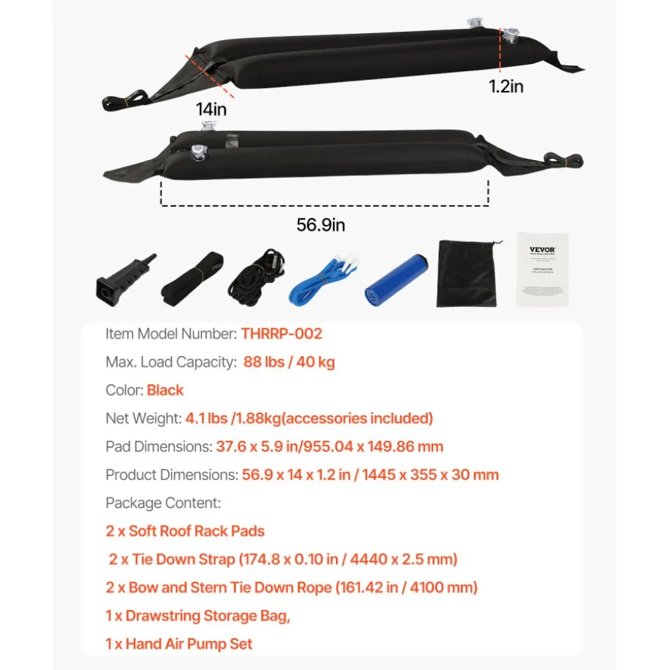 VEVOR Inflatable Soft Roof Rack Bars, 37.6-Inch Universal Car Roof Rack Pads, 88LBS Loading Luggage Kayak Carrier with 2 Tie-Down Straps & Ropes, Hand Air Pump, Storage Bag for Canoes Surfboards SUPs
