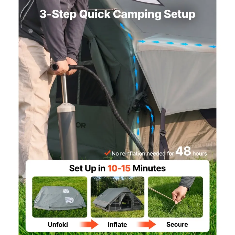 VEVOR Inflatable Tent for Camping 5-8 Person Blow Up Tent with Hand Pump, for Family Outdoor Glamping, Waterproof 420D Oxford, Easy Setup Air House with Skylight, Stove Jack, Mesh Windows & Carry Bag