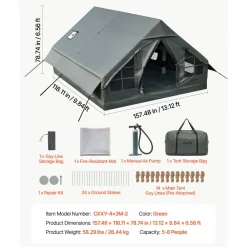 VEVOR Inflatable Tent for Camping 5-8 Person Blow Up Tent with Hand Pump, for Family Outdoor Glamping, Waterproof 420D Oxford, Easy Setup Air House with Skylight, Stove Jack, Mesh Windows & Carry Bag