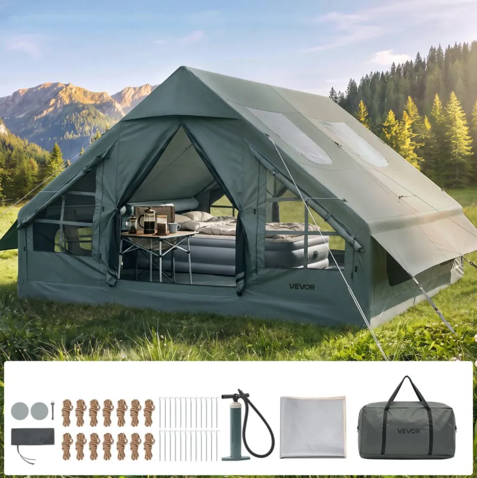 VEVOR Inflatable Tent for Camping 5-8 Person Blow Up Tent with Hand Pump, for Family Outdoor Glamping, Waterproof 420D Oxford, Easy Setup Air House with Skylight, Stove Jack, Mesh Windows & Carry Bag