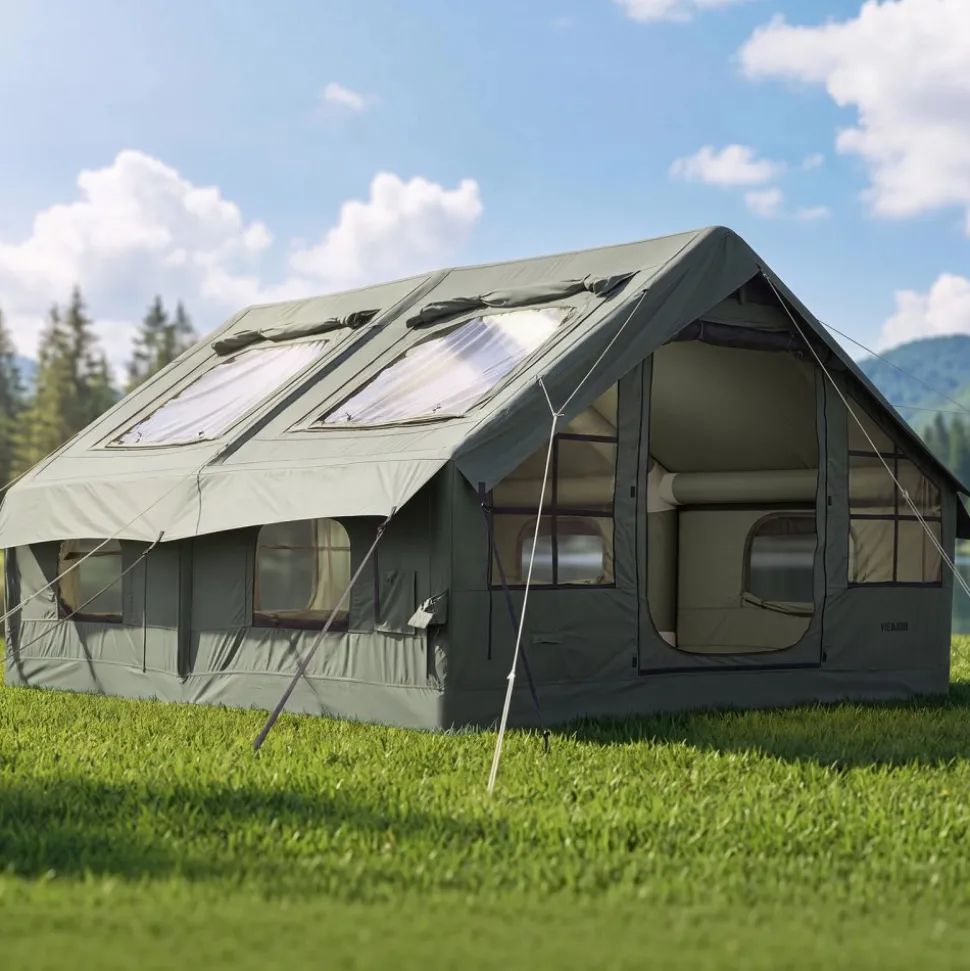 VEVOR Inflatable Tent for Camping 5-8 Person Blow Up Tent with Pump Green, for Family Outdoor Glamping, Waterproof Poly-Cotton, Easy Setup Air House with Skylight, Stove Jack, Mesh Windows & Carry Bag