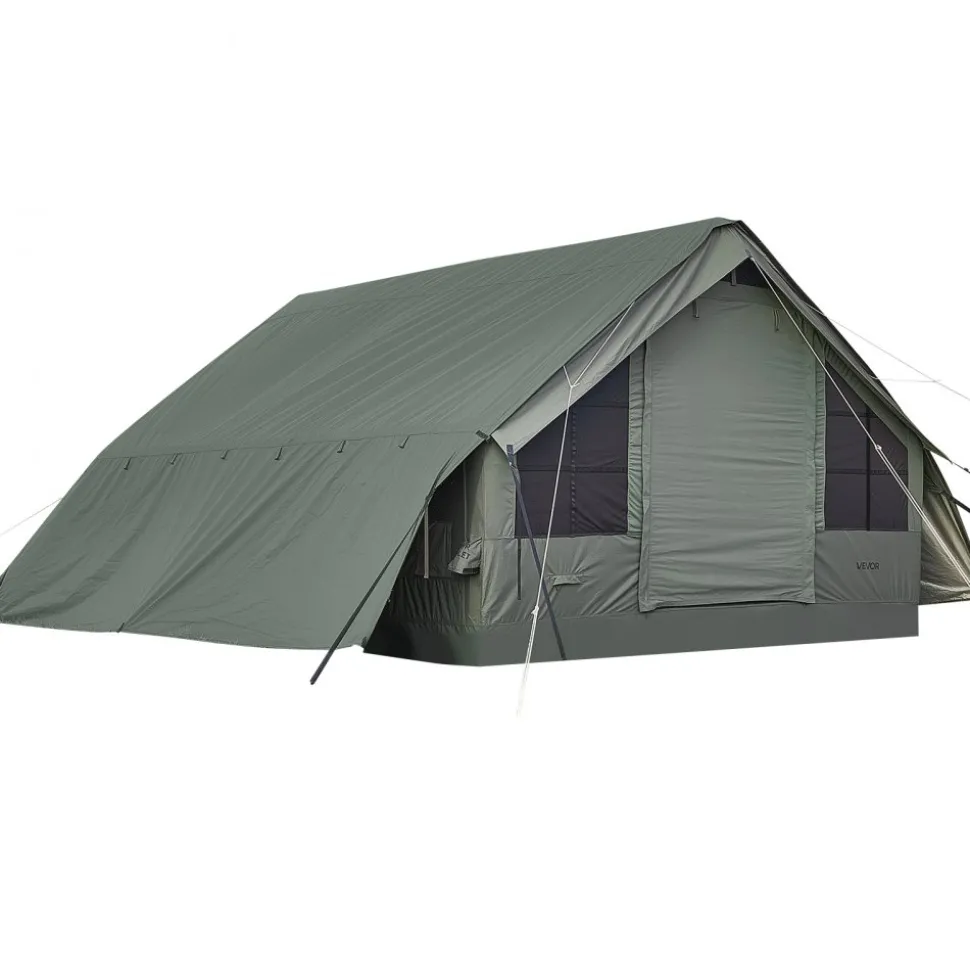 VEVOR Inflatable Tent for Camping 5-8 Person Blow Up Tent with Pump Green, for Family Outdoor Glamping, Waterproof Poly-Cotton, Easy Setup Air House with Skylight, Stove Jack, Mesh Windows & Carry Bag