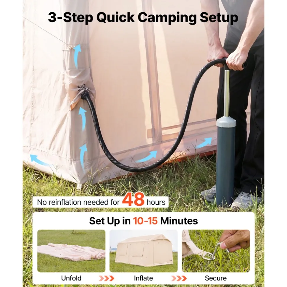 VEVOR Inflatable Tent for Camping 5-8 Person Blow Up Tent with Pump Beige, for Family Outdoor Glamping, Waterproof 420D Oxford, Easy Setup Air House with Skylight, Canopy, Stove Jack & Mesh Windows