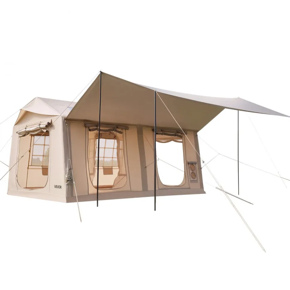 VEVOR Inflatable Tent for Camping 5-8 Person Blow Up Tent with Pump Beige, for Family Outdoor Glamping, Waterproof 420D Oxford, Easy Setup Air House with Skylight, Canopy, Stove Jack & Mesh Windows