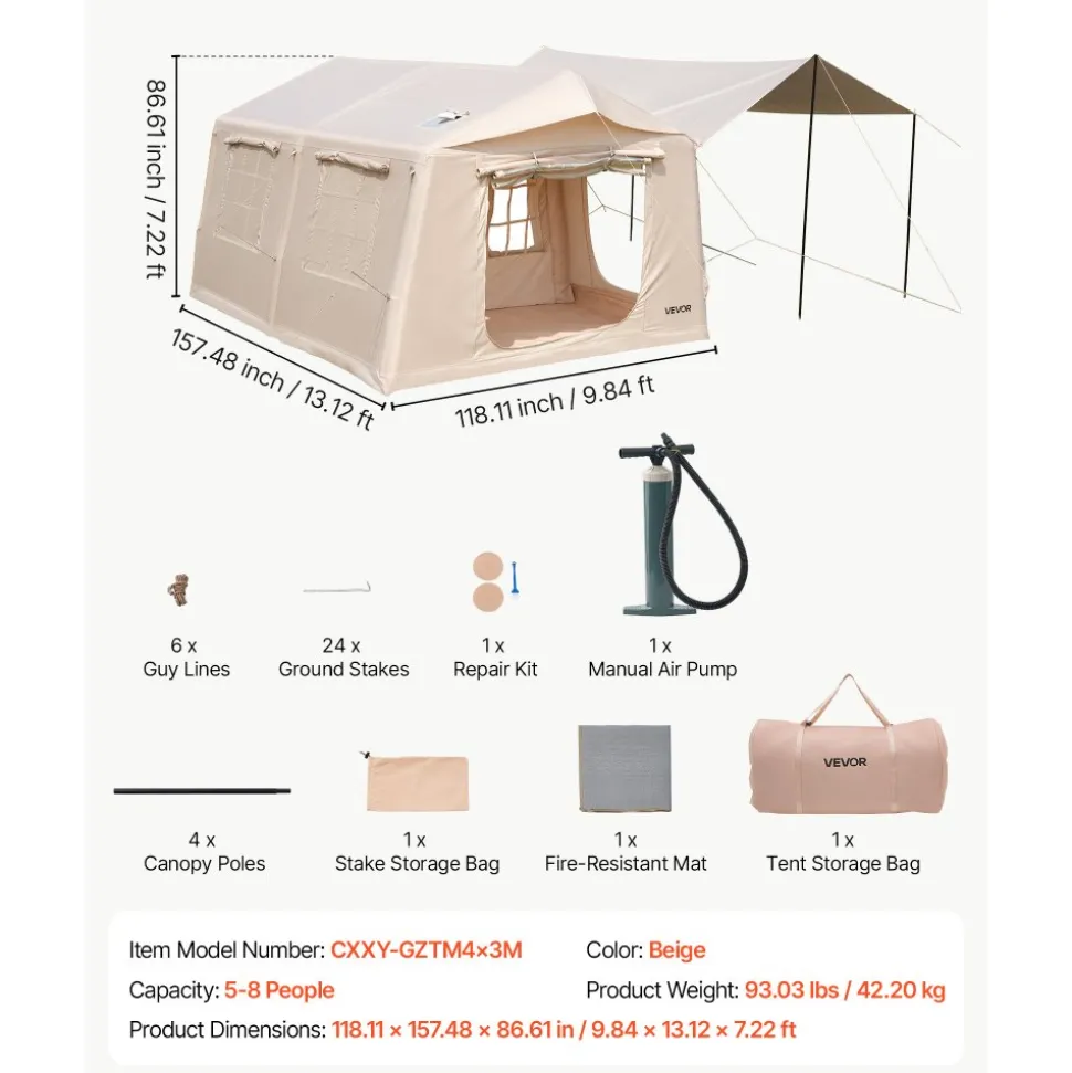 VEVOR Inflatable Tent for Camping 5-8 Person Blow Up Tent with Pump Beige, for Family Outdoor Glamping, Waterproof 420D Oxford, Easy Setup Air House with Skylight, Canopy, Stove Jack & Mesh Windows