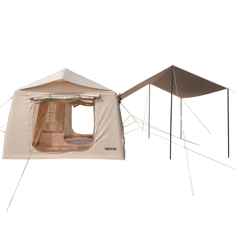 VEVOR Inflatable Tent for Camping 5-8 Person Blow Up Tent with Pump Beige, for Family Outdoor Glamping, Waterproof 420D Oxford, Easy Setup Air House with Skylight, Canopy, Stove Jack & Mesh Windows
