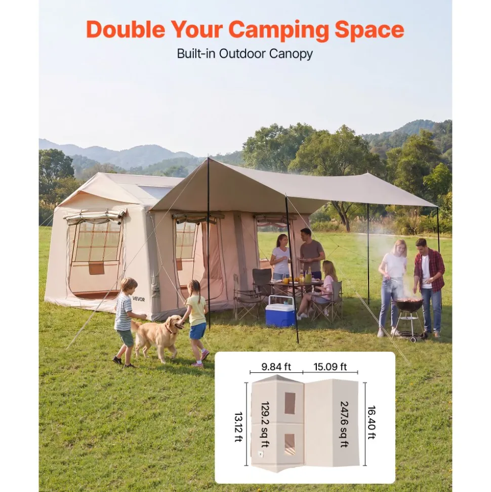 VEVOR Inflatable Tent for Camping 5-8 Person Blow Up Tent with Pump Beige, for Family Outdoor Glamping, Waterproof 420D Oxford, Easy Setup Air House with Skylight, Canopy, Stove Jack & Mesh Windows