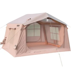 VEVOR Inflatable Tent for Camping 2-4 Person Blow Up Tent with Pump Beige, for Family Outdoor Glamping, Waterproof 420D Oxford, Easy Setup Air House with Skylight, Stove Jack, Mesh Windows & Carry Bag