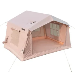 VEVOR Inflatable Tent for Camping 2-4 Person Blow Up Tent with Pump Beige, for Family Outdoor Glamping, Waterproof 420D Oxford, Easy Setup Air House with Skylight, Stove Jack, Mesh Windows & Carry Bag