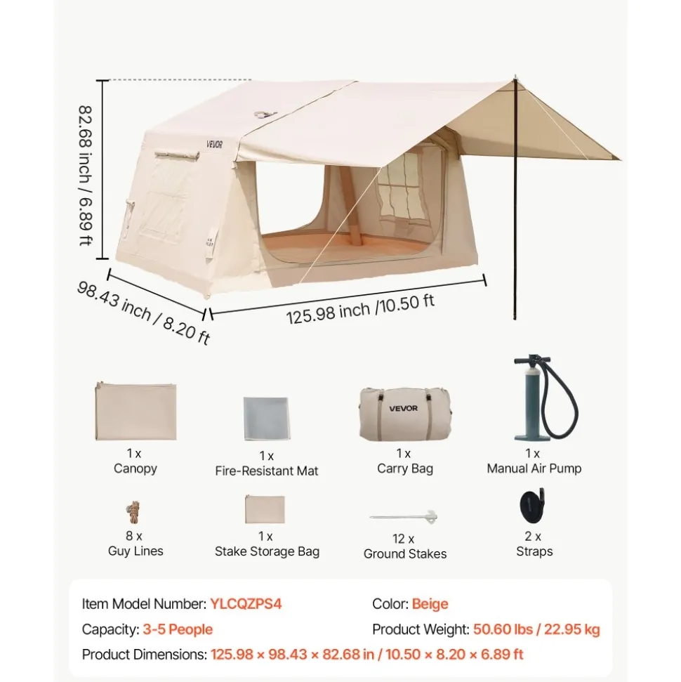 VEVOR Inflatable Tent for Camping 2-4 Person Blow Up Tent with Hand Pump, for Family Outdoor Glamping, Waterproof 420D Oxford, Easy Setup Air House with Skylight, Canopy, Stove Jack & Mesh Windows