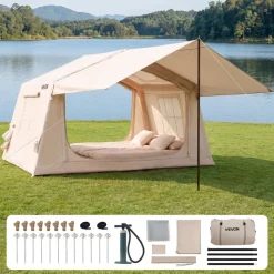 VEVOR Inflatable Tent for Camping 2-4 Person Blow Up Tent with Hand Pump, for Family Outdoor Glamping, Waterproof 420D Oxford, Easy Setup Air House with Skylight, Canopy, Stove Jack & Mesh Windows