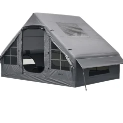 VEVOR Inflatable Tent for Camping 2-4 Person Blow Up Tent with Pump Gray, for Family Outdoor Glamping, Waterproof 420D Oxford, Easy Setup Air House with Skylight, Stove Jack, Mesh Windows & Carry Bag