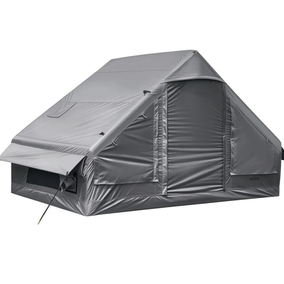 VEVOR Inflatable Tent for Camping 2-4 Person Blow Up Tent with Pump Gray, for Family Outdoor Glamping, Waterproof 420D Oxford, Easy Setup Air House with Skylight, Stove Jack, Mesh Windows & Carry Bag