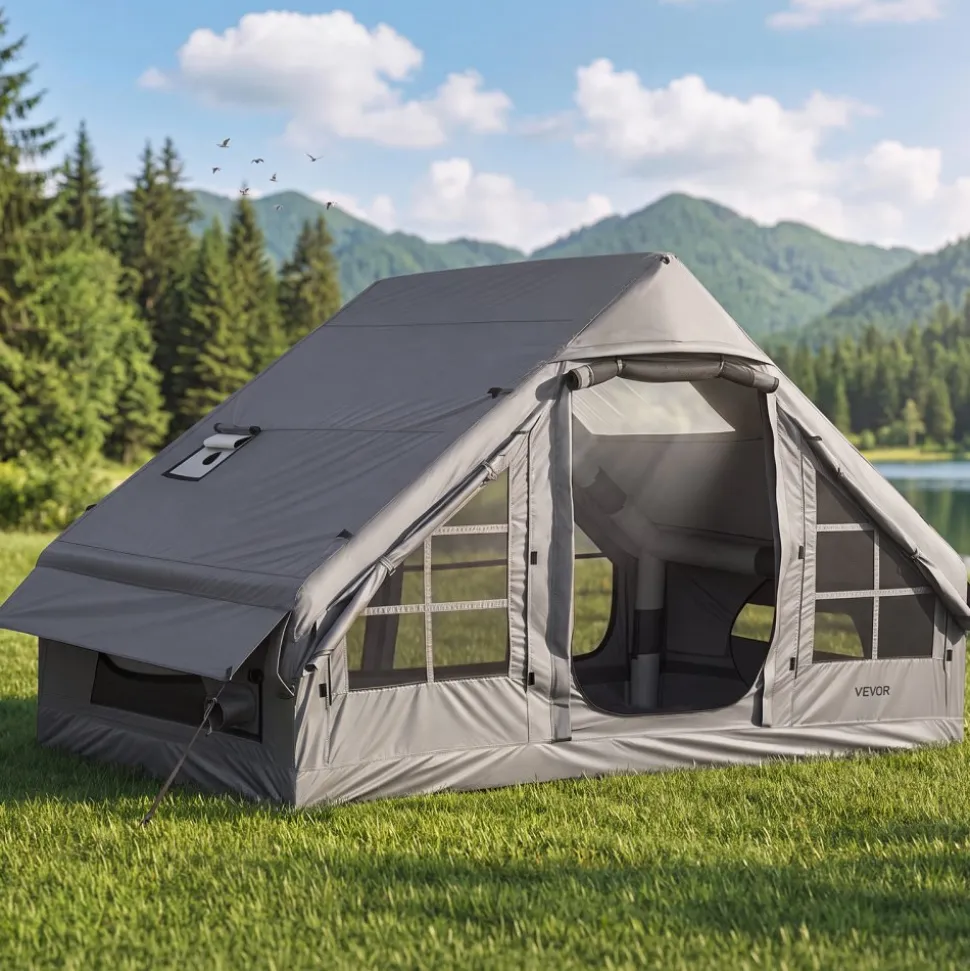 VEVOR Inflatable Tent for Camping 2-4 Person Blow Up Tent with Pump Gray, for Family Outdoor Glamping, Waterproof 420D Oxford, Easy Setup Air House with Skylight, Stove Jack, Mesh Windows & Carry Bag