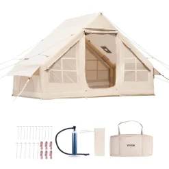 VEVOR Inflatable Tents for Camping, 3-5 Person Easy Setup Blow up Tent with Hand Pump, 300D Oxford 4 Season Glamping Tent with Stove Jack 2 Doors & 2 Mesh Windows, Storage Bag Included for Easy Taking
