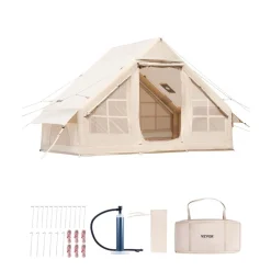 VEVOR Inflatable Tents for Camping, 3-5 Person Easy Setup Blow up Tent with Hand Pump, 300D Oxford 4 Season Glamping Tent with Stove Jack 2 Doors & 2 Mesh Windows, Storage Bag Included for Easy Taking