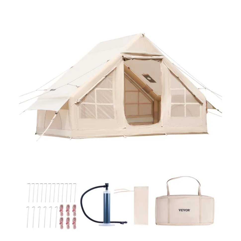 VEVOR Inflatable Tents for Camping, 3-5 Person Easy Setup Blow up Tent with Hand Pump, 300D Oxford 4 Season Glamping Tent with Stove Jack 2 Doors & 2 Mesh Windows, Storage Bag Included for Easy Taking