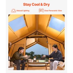 VEVOR Inflatable Tents for Camping, 8-12 Person Easy Setup Blow up Tent with Hand Pump, 4 Season Luxury Glamping Tent with 2 Skylights, Canopy, Stove Jack, 2 Doors & Mesh Windows (Include Storage Bag)