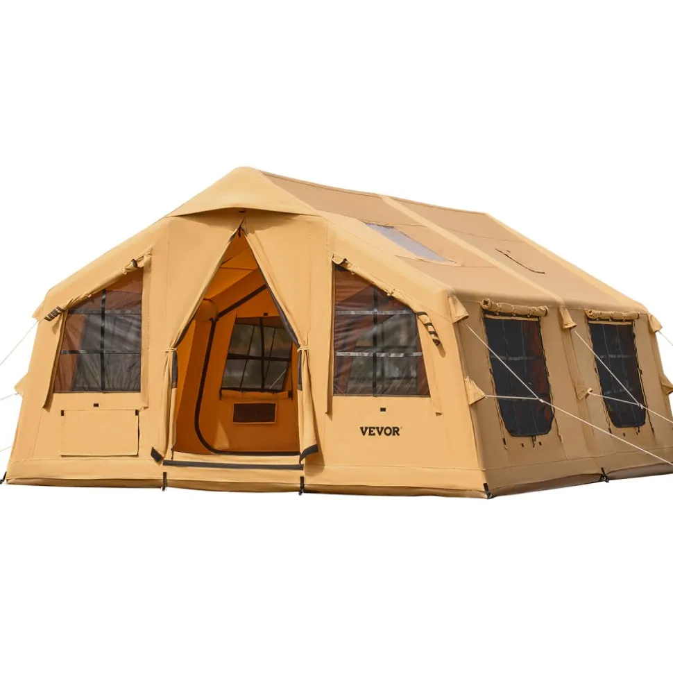 VEVOR Inflatable Tents for Camping, 8-12 Person Easy Setup Blow up Tent with Hand Pump, 4 Season Luxury Glamping Tent with 2 Skylights, Canopy, Stove Jack, 2 Doors & Mesh Windows (Include Storage Bag)