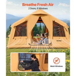 VEVOR Inflatable Tents for Camping, 8-12 Person Easy Setup Blow up Tent with Hand Pump, 4 Season Luxury Glamping Tent with 2 Skylights, Canopy, Stove Jack, 2 Doors & Mesh Windows (Include Storage Bag)
