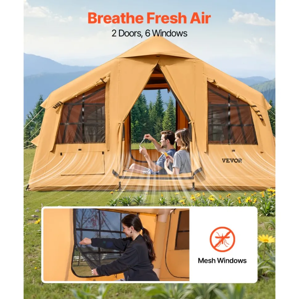 VEVOR Inflatable Tents for Camping, 8-12 Person Easy Setup Blow up Tent with Hand Pump, 4 Season Luxury Glamping Tent with 2 Skylights, Canopy, Stove Jack, 2 Doors & Mesh Windows (Include Storage Bag)