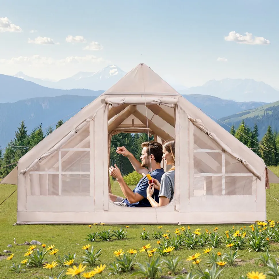 VEVOR Inflatable Tents for Camping, 5-8 Person Easy Setup Blow up Tent with Hand Pump, 300D Oxford Glamping Tent with Stove Jack 2 Doors & 4 Mesh Windows, Storage Bag Included for Easy Taking
