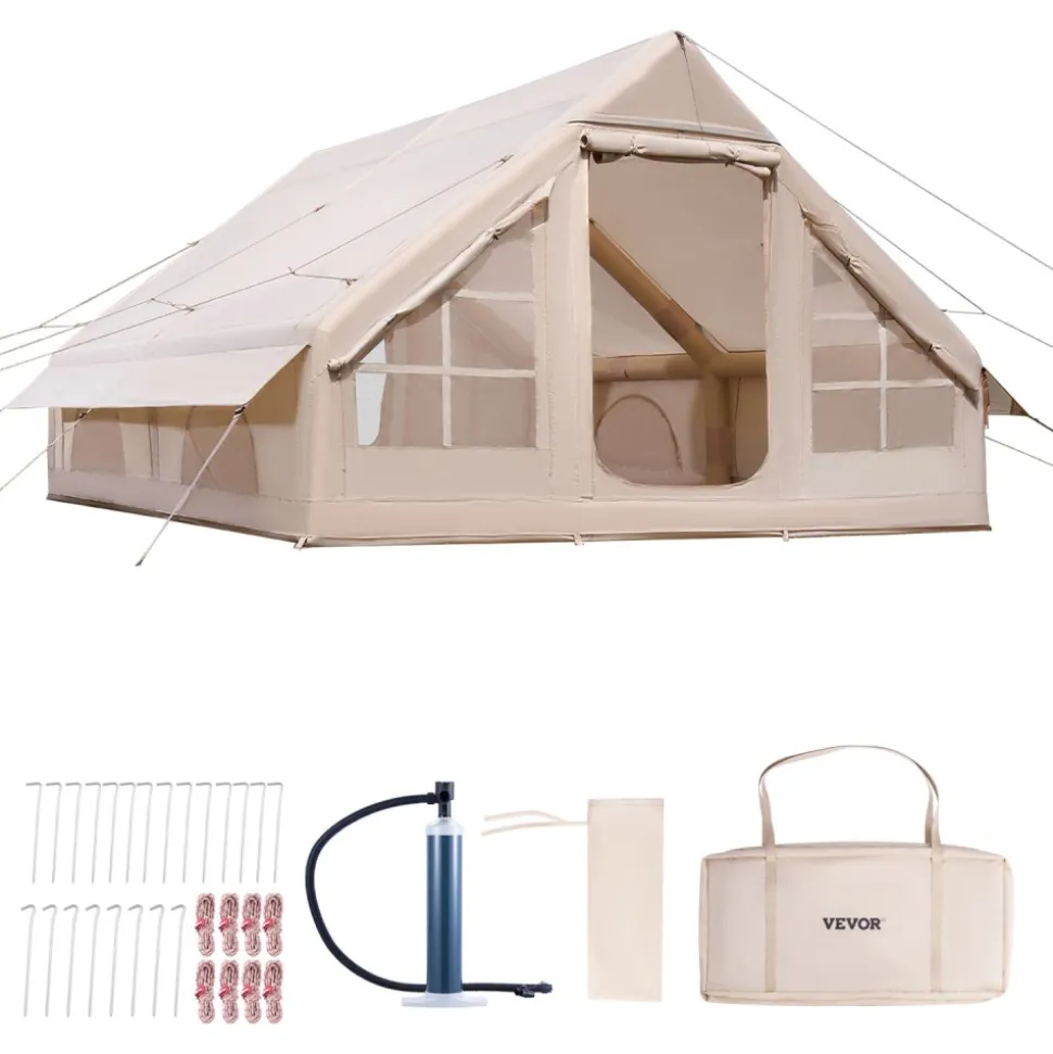 VEVOR Inflatable Tents for Camping, 5-8 Person Easy Setup Blow up Tent with Hand Pump, 300D Oxford Glamping Tent with Stove Jack 2 Doors & 4 Mesh Windows, Storage Bag Included for Easy Taking