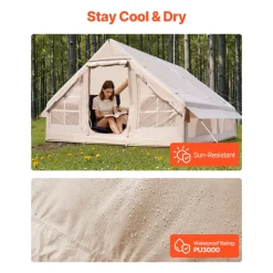 VEVOR Inflatable Tents for Camping, 5-8 Person Easy Setup Blow up Tent with Hand Pump, 300D Oxford Glamping Tent with Stove Jack 2 Doors & 4 Mesh Windows, Storage Bag Included for Easy Taking