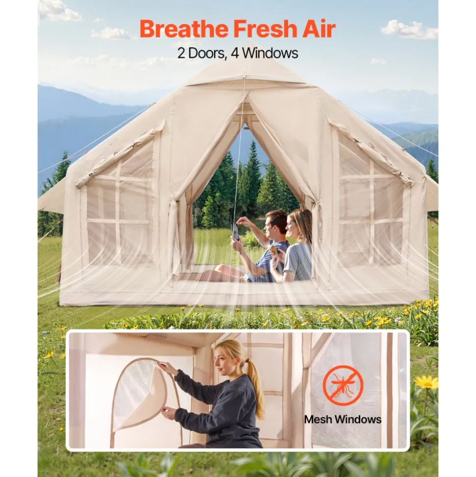 VEVOR Inflatable Tents for Camping, 4-6 Person Easy Setup Blow up Tent with Hand Pump, 300D Oxford 4 Season Glamping Tent with Stove Jack 2 Doors & 4 Mesh Windows, Storage Bag Included for Easy Taking