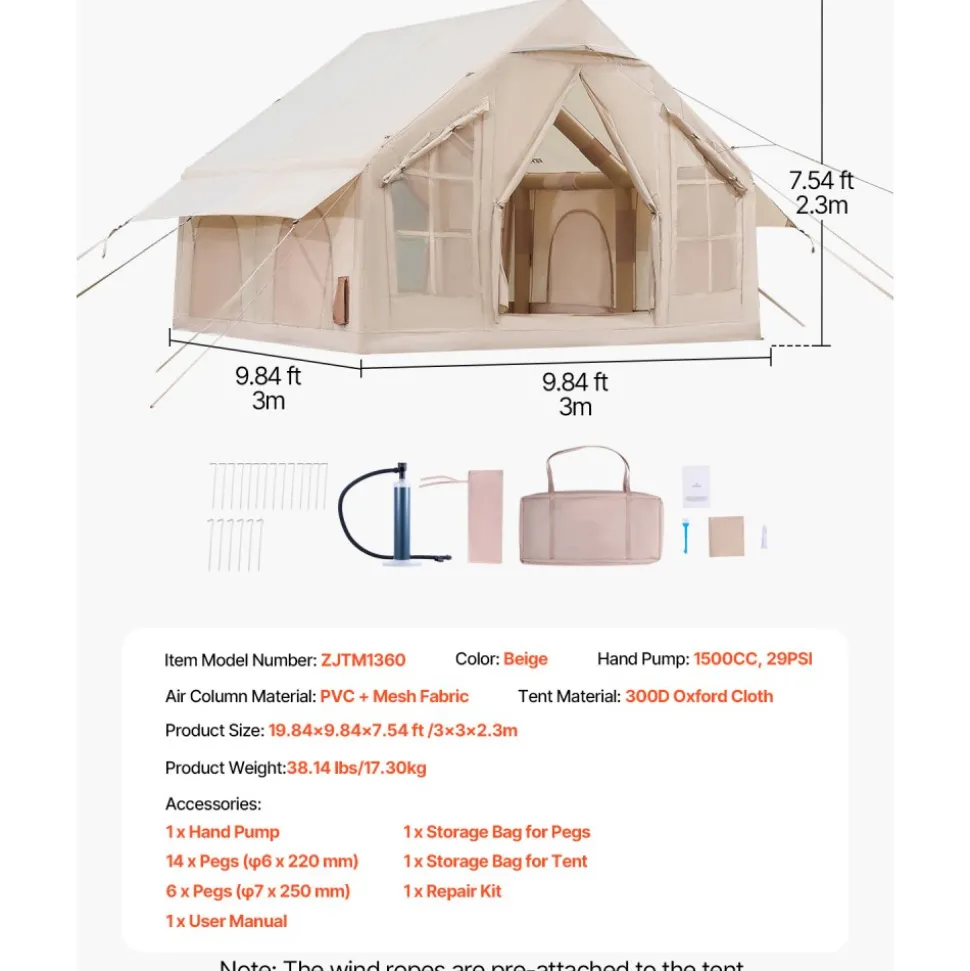 VEVOR Inflatable Tents for Camping, 4-6 Person Easy Setup Blow up Tent with Hand Pump, 300D Oxford 4 Season Glamping Tent with Stove Jack 2 Doors & 4 Mesh Windows, Storage Bag Included for Easy Taking