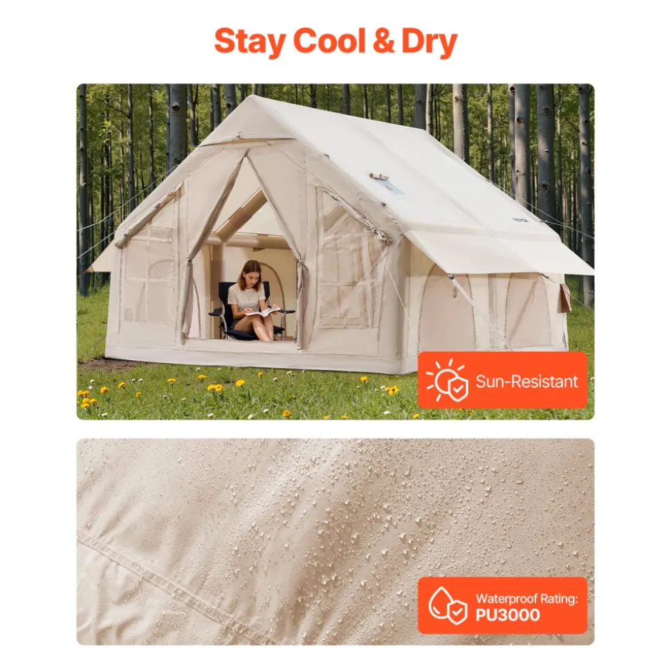 VEVOR Inflatable Tents for Camping, 4-6 Person Easy Setup Blow up Tent with Hand Pump, 300D Oxford 4 Season Glamping Tent with Stove Jack 2 Doors & 4 Mesh Windows, Storage Bag Included for Easy Taking