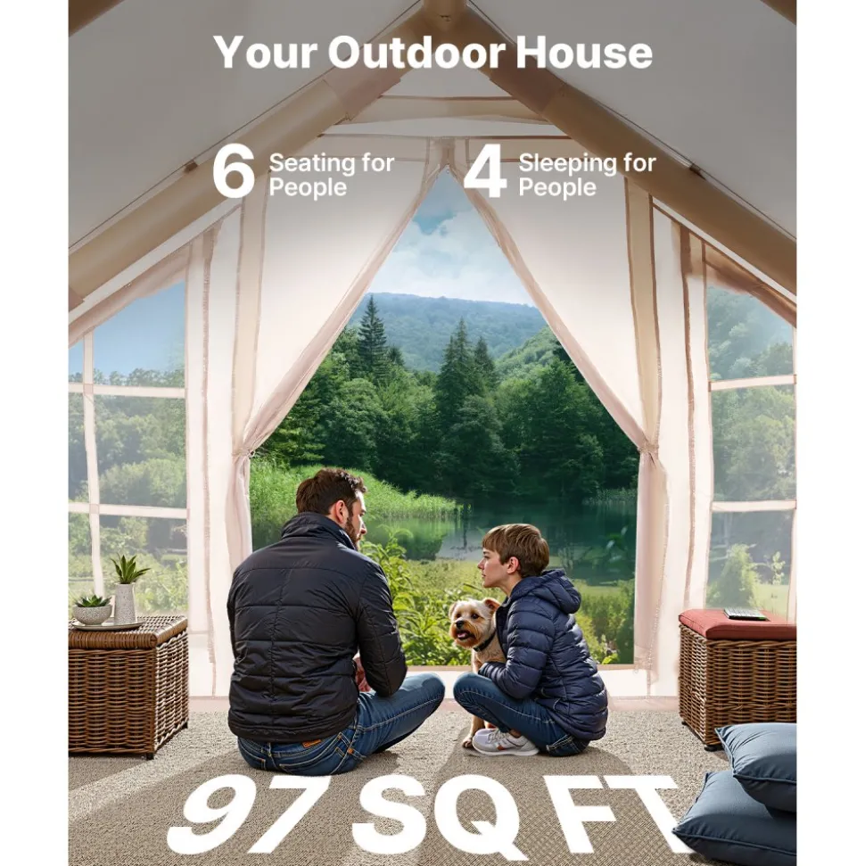 VEVOR Inflatable Tents for Camping, 4-6 Person Easy Setup Blow up Tent with Hand Pump, 300D Oxford 4 Season Glamping Tent with Stove Jack 2 Doors & 4 Mesh Windows, Storage Bag Included for Easy Taking