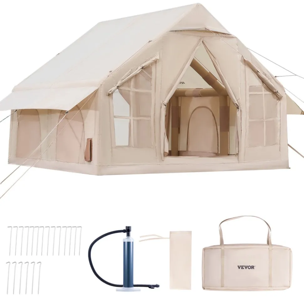 VEVOR Inflatable Tents for Camping, 4-6 Person Easy Setup Blow up Tent with Hand Pump, 300D Oxford 4 Season Glamping Tent with Stove Jack 2 Doors & 4 Mesh Windows, Storage Bag Included for Easy Taking