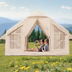 VEVOR Inflatable Tents for Camping, 4-6 Person Easy Setup Blow up Tent with Hand Pump, 300D Oxford 4 Season Glamping Tent with Stove Jack 2 Doors & 4 Mesh Windows, Storage Bag Included for Easy Taking