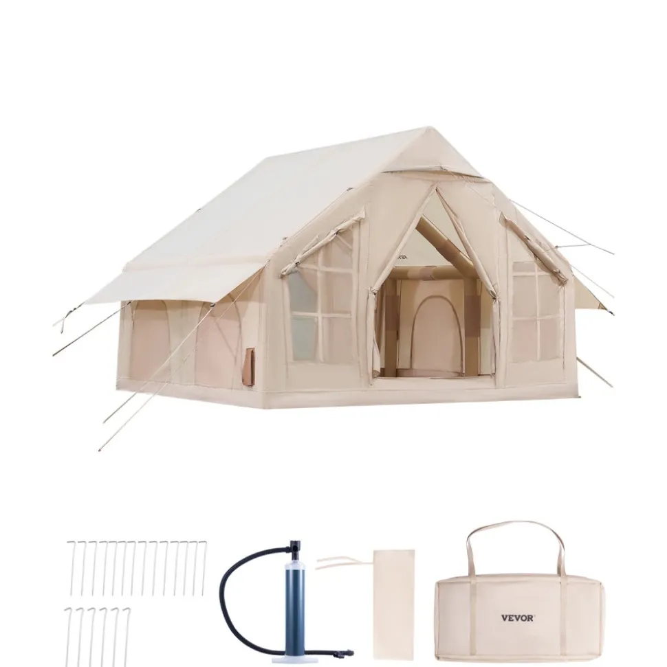 VEVOR Inflatable Tents for Camping, 4-6 Person Easy Setup Blow up Tent with Hand Pump, 300D Oxford 4 Season Glamping Tent with Stove Jack 2 Doors & 4 Mesh Windows, Storage Bag Included for Easy Taking