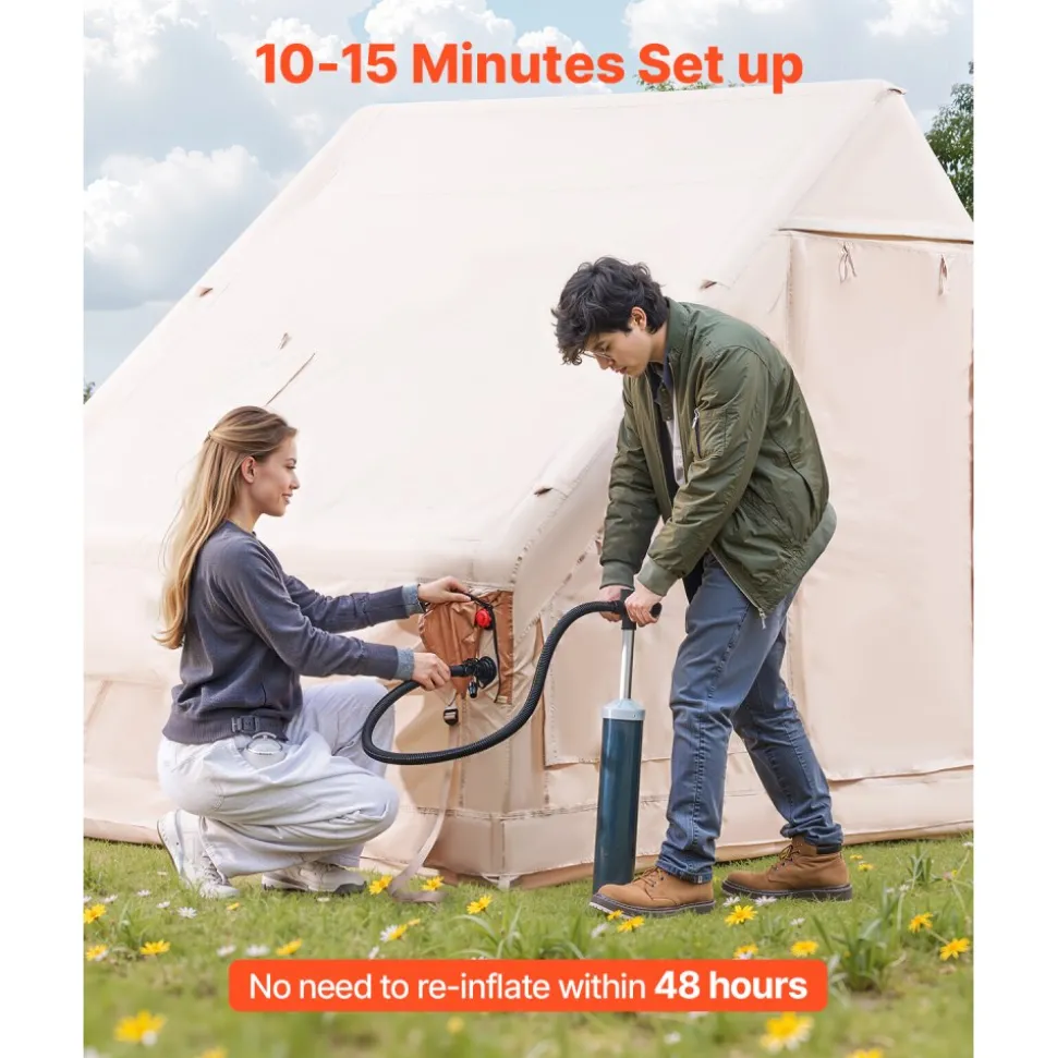 VEVOR Inflatable Tents for Camping, 4-6 Person Easy Setup Blow up Tent with Hand Pump, 300D Oxford 4 Season Glamping Tent with Stove Jack 2 Doors & 4 Mesh Windows, Storage Bag Included for Easy Taking