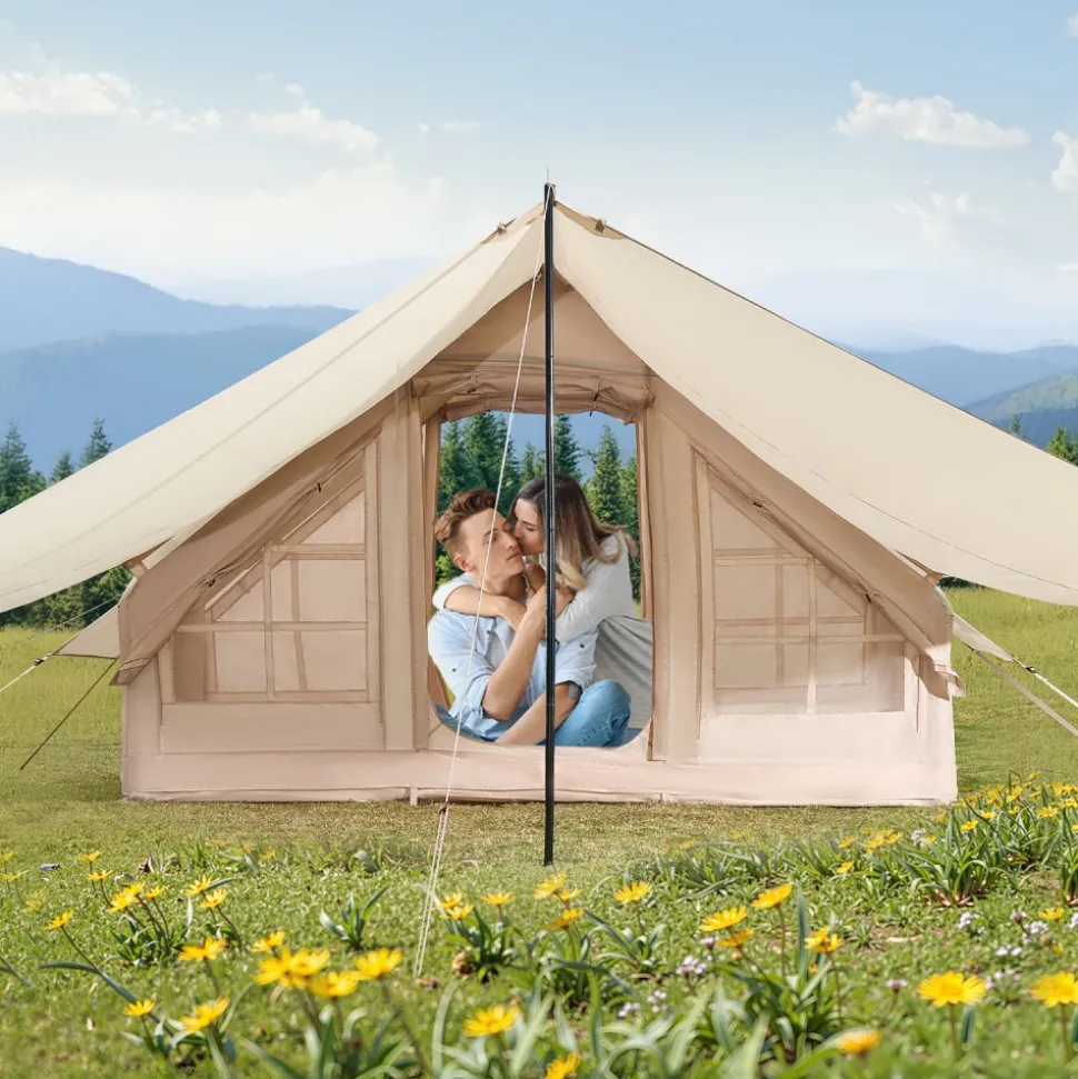 VEVOR Inflatable Tents for Camping, 3-5 Person Easy Setup Blow up Tent with Hand Pump, 300D Oxford 4 Season Glamping Tent with Canopy, Stove Jack, 2 Doors & 2 Mesh Windows (Storage Bag Included)