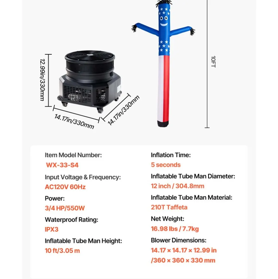 VEVOR Inflatable Tube Man with Blower, 10 ft Tall, Wacky Waving Wind Flying Inflatable Dancing Tube Guy with 3/4 HP IPX3 Waterproof Blower Fan, for Outdoor Advertising Business Store Decoration, Red