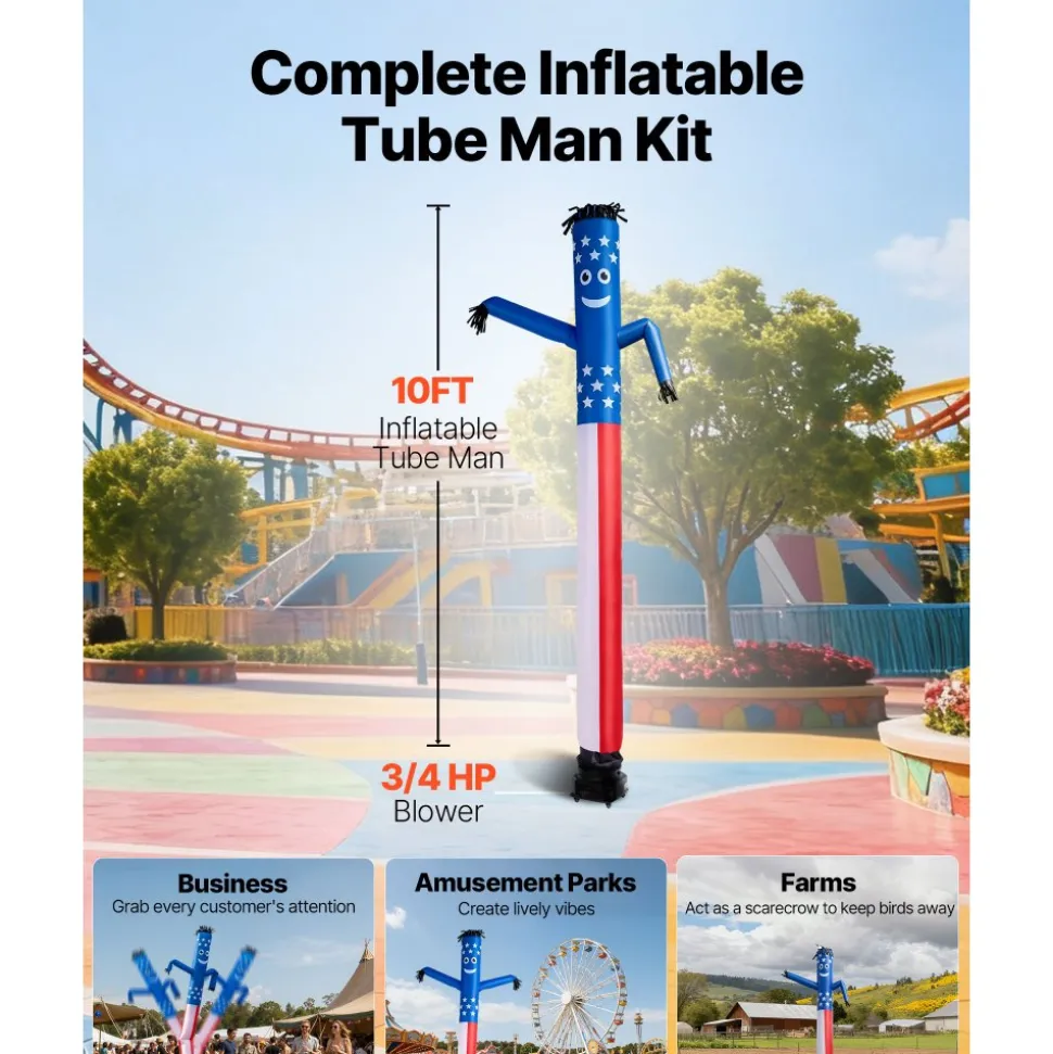 VEVOR Inflatable Tube Man with Blower, 10 ft Tall, Wacky Waving Wind Flying Inflatable Dancing Tube Guy with 3/4 HP IPX3 Waterproof Blower Fan, for Outdoor Advertising Business Store Decoration, Red
