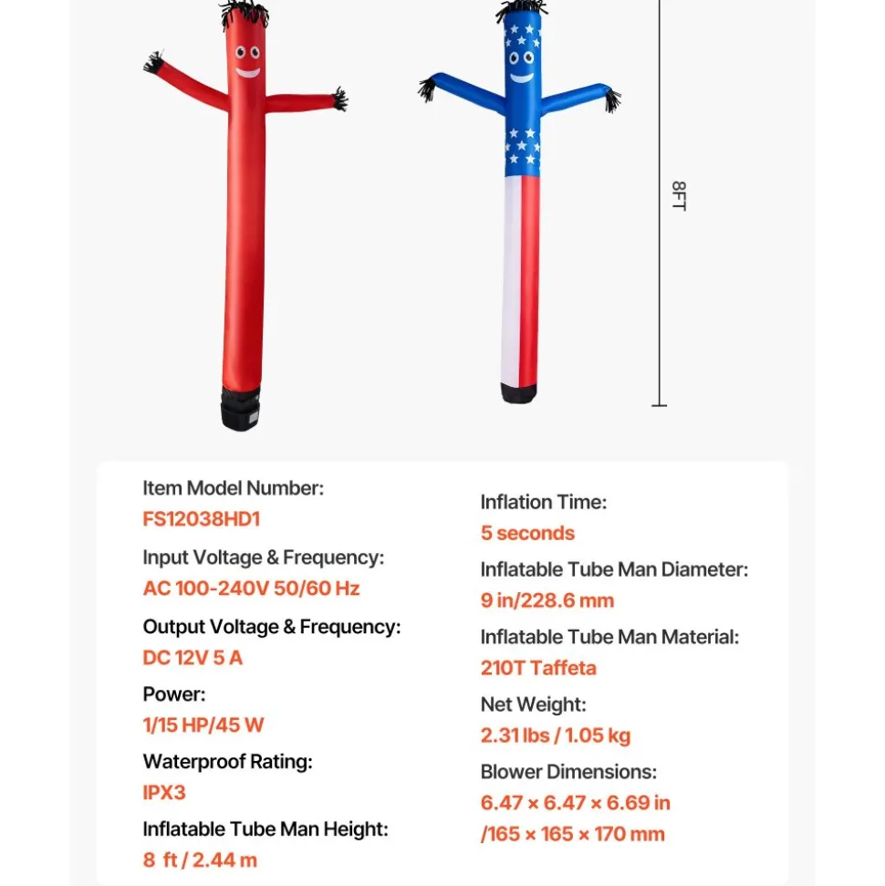 VEVOR Inflatable Tube Man with Blower, 8 ft Tall, Wacky Waving Wind Flying Inflatable Dancing Tube Guy with 1/15 HP IPX3 Waterproof Blower Fan, for Outdoor Advertising Business Store Party Decoration
