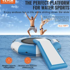 VEVOR Inflatable Water Bouncer, 10ft Recreational Water Trampoline, Portable Bounce Swim Platform with Slide, 3-Step Ladder & Electric Air Pump, Kid Adult Floating Rebounder for Pool Lake Water Sports