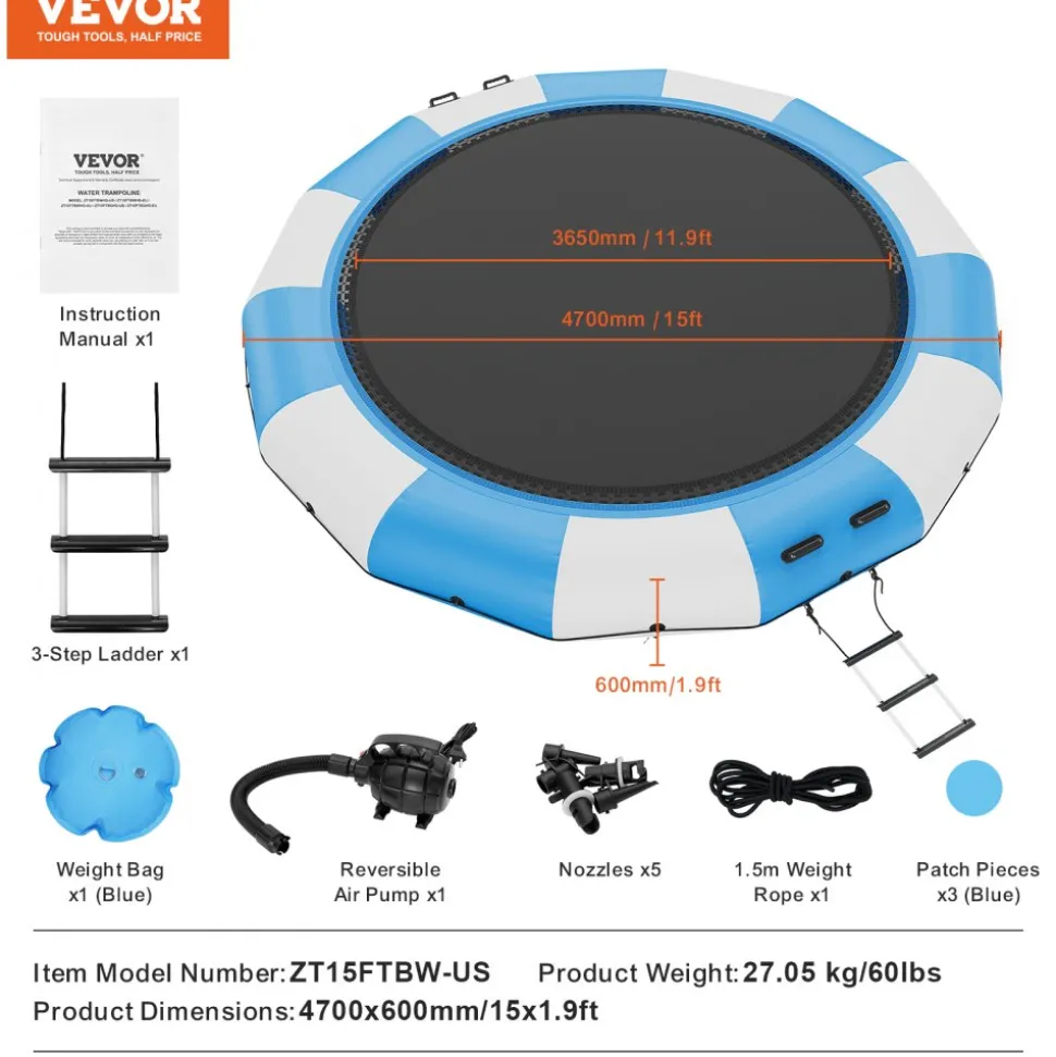 VEVOR Inflatable Water Bouncer, 15ft Recreational Water Trampoline, Portable Bounce Swim Platform with 3-Step Ladder & Electric Air Pump, Kids Adults Floating Rebounder for Pool, Lake, Water Sports