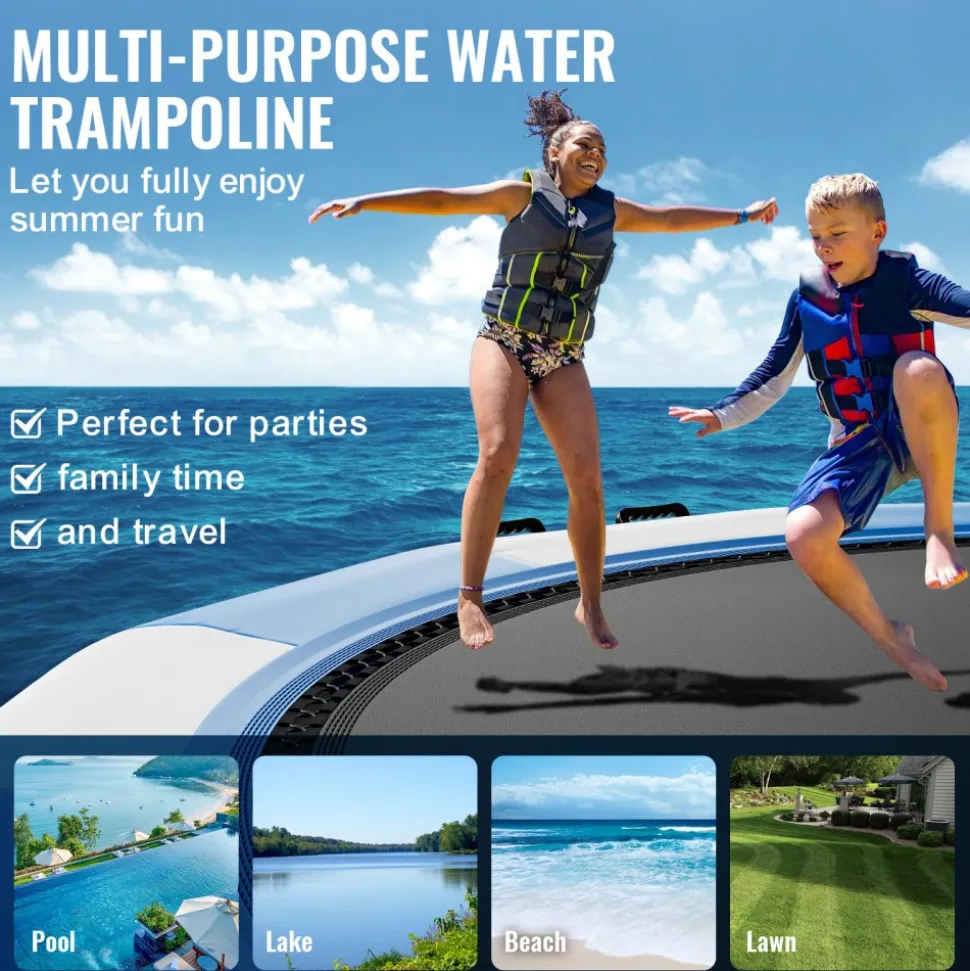 VEVOR Inflatable Water Bouncer, 15ft Recreational Water Trampoline, Portable Bounce Swim Platform with 3-Step Ladder & Electric Air Pump, Kids Adults Floating Rebounder for Pool, Lake, Water Sports