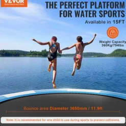 VEVOR Inflatable Water Bouncer, 15ft Recreational Water Trampoline, Portable Bounce Swim Platform with 3-Step Ladder & Electric Air Pump, Kids Adults Floating Rebounder for Pool, Lake, Water Sports