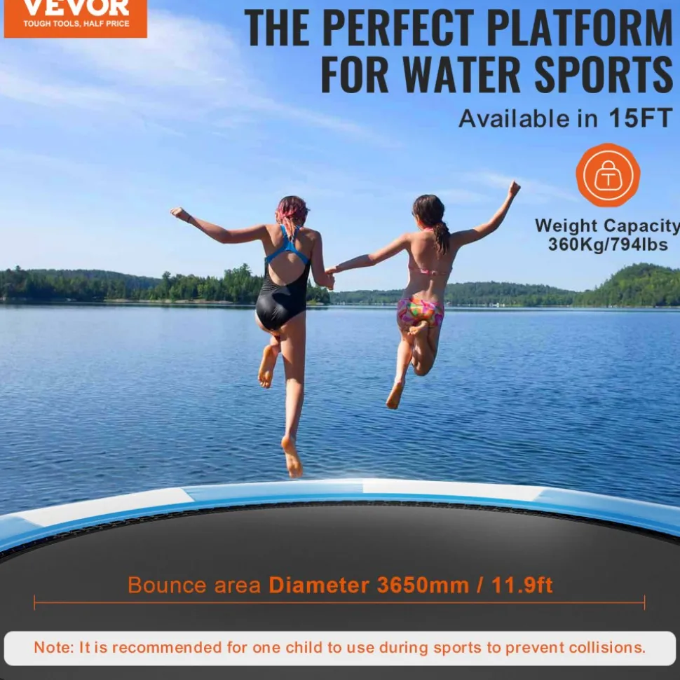 VEVOR Inflatable Water Bouncer, 15ft Recreational Water Trampoline, Portable Bounce Swim Platform with 3-Step Ladder & Electric Air Pump, Kids Adults Floating Rebounder for Pool, Lake, Water Sports