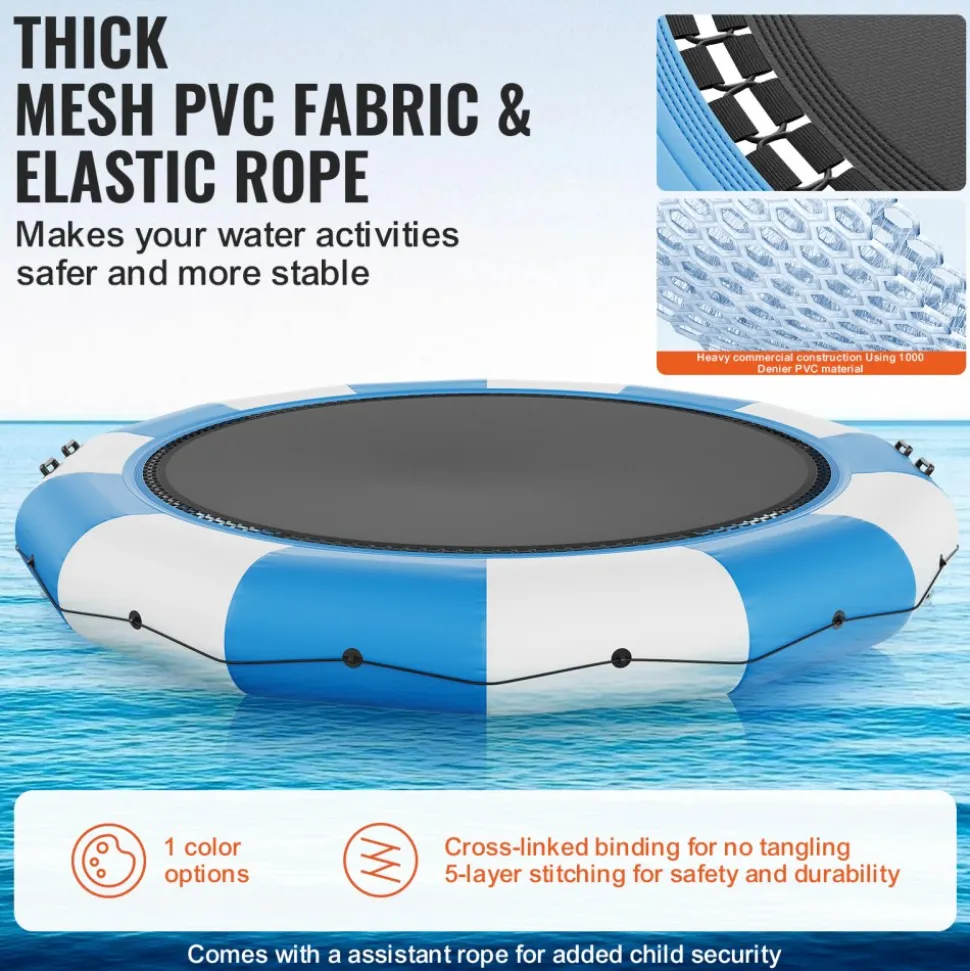 VEVOR Inflatable Water Bouncer, 15ft Recreational Water Trampoline, Portable Bounce Swim Platform with 3-Step Ladder & Electric Air Pump, Kids Adults Floating Rebounder for Pool, Lake, Water Sports