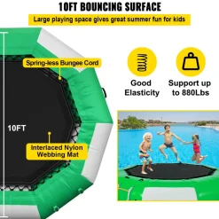 VEVOR Inflatable Water Trampoline, 10ft Recreational Water Bouncer with Escalator, Round Inflatable Water Trampoline in Green and White, Floating Trampoline for Lakes, Pools, Calm Sea