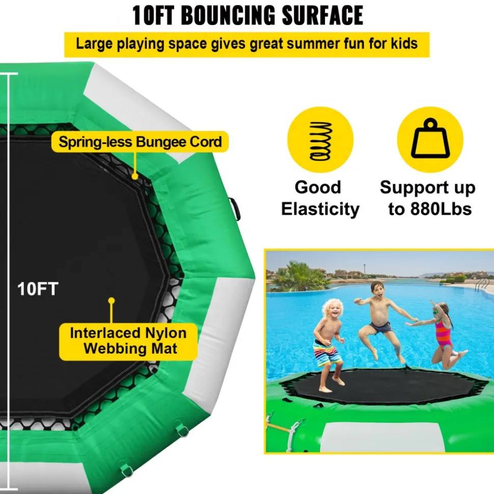 VEVOR Inflatable Water Trampoline, 10ft Recreational Water Bouncer with Escalator, Round Inflatable Water Trampoline in Green and White, Floating Trampoline for Lakes, Pools, Calm Sea