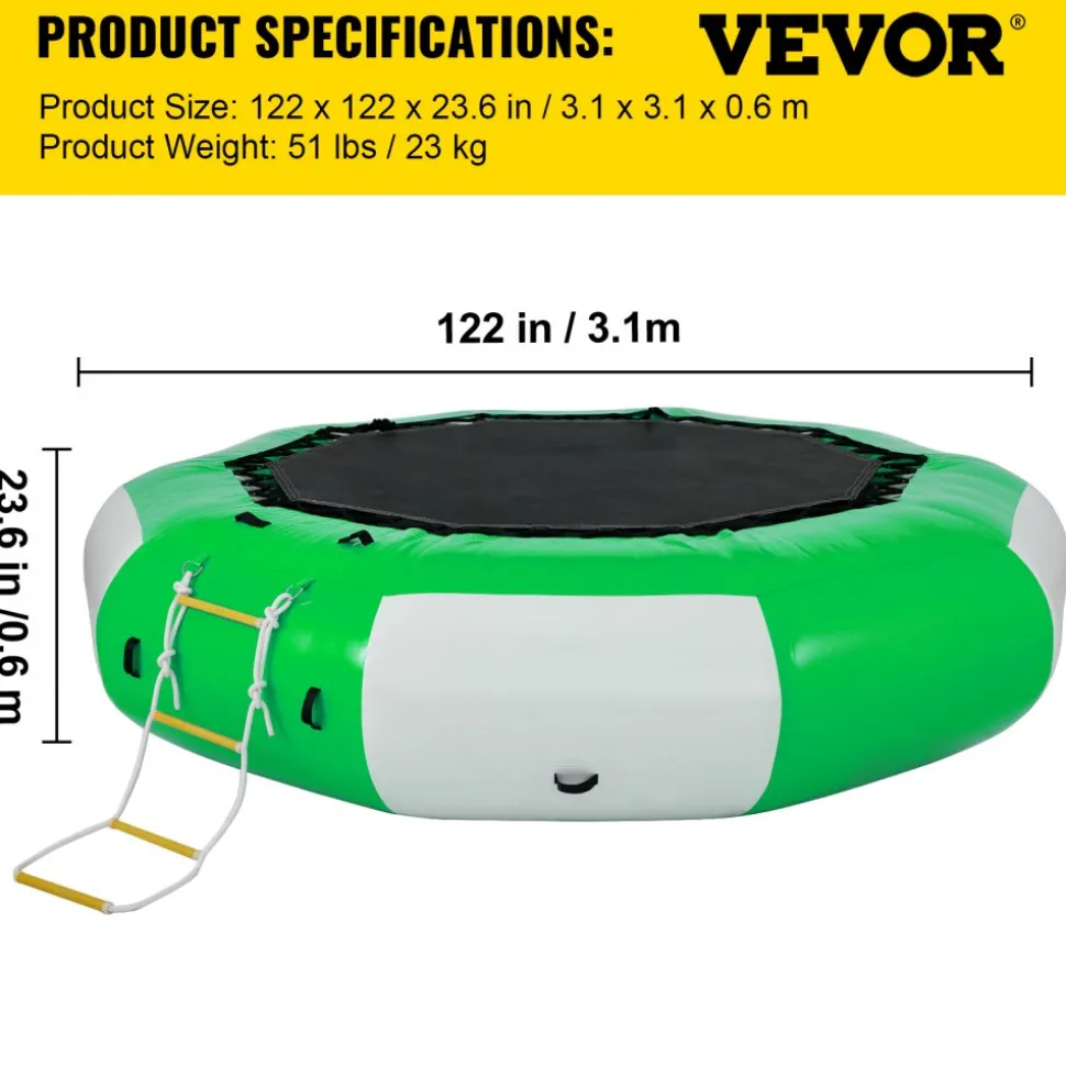 VEVOR Inflatable Water Trampoline, 10ft Recreational Water Bouncer with Escalator, Round Inflatable Water Trampoline in Green and White, Floating Trampoline for Lakes, Pools, Calm Sea
