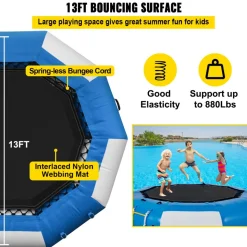 VEVOR Inflatable Water Trampoline, 13ft Recreational Water Bouncer with Escalator, Round Inflatable Water Trampoline in Blue and White, Floating Trampoline for Lakes, Pools, Calm Sea